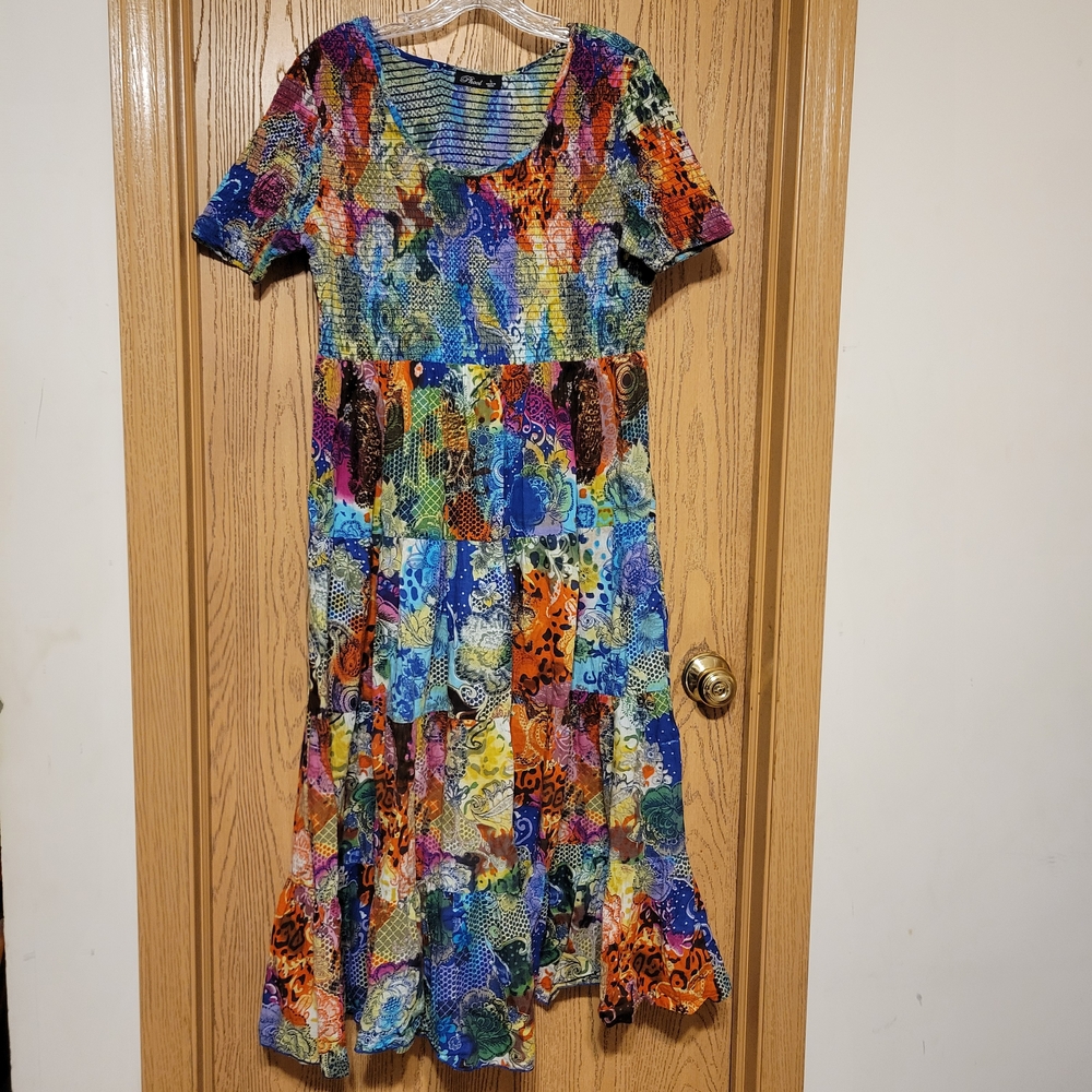 Phool Multi Color Lightweight Cotton Maxi  Dress Tiered Size L